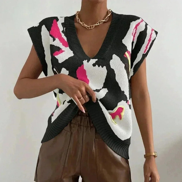 Multicolor Casual Women's Full Print V-Neck Loose Knitted Sweater Vest - Picture 4 of 6